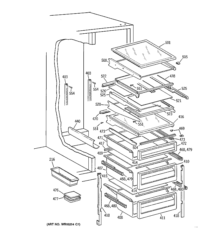 FRESH FOOD SHELVES Diagram and Parts List for TPK24PFBBWW  General Electric Refrigerator