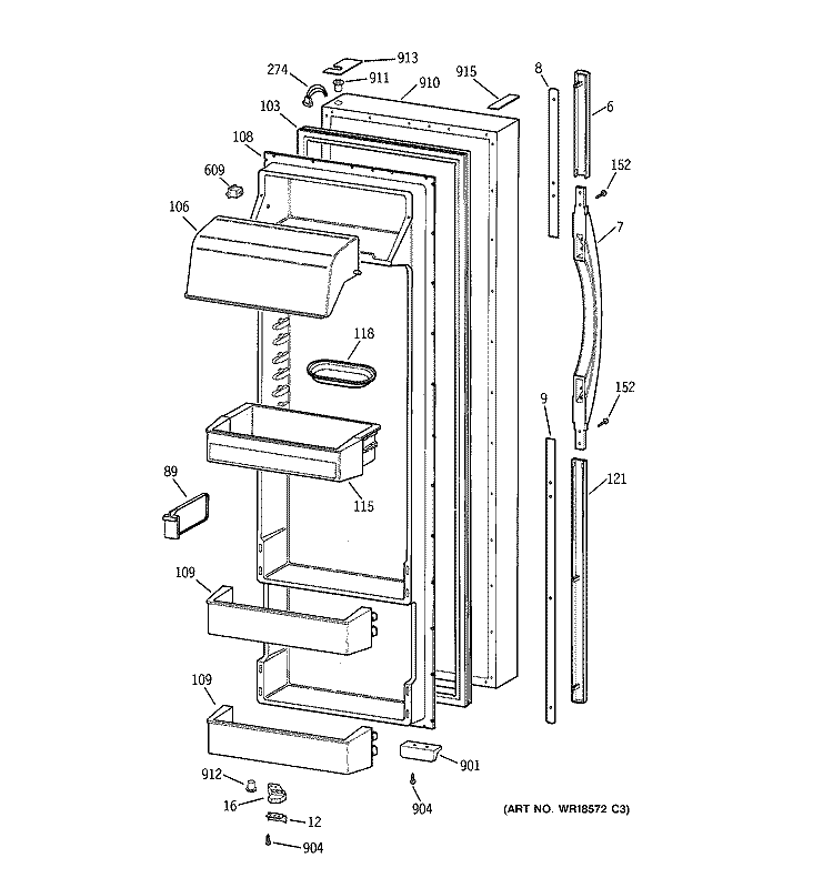 FRESH FOOD DOOR Diagram and Parts List for TPK24PRBBWW  General Electric Refrigerator