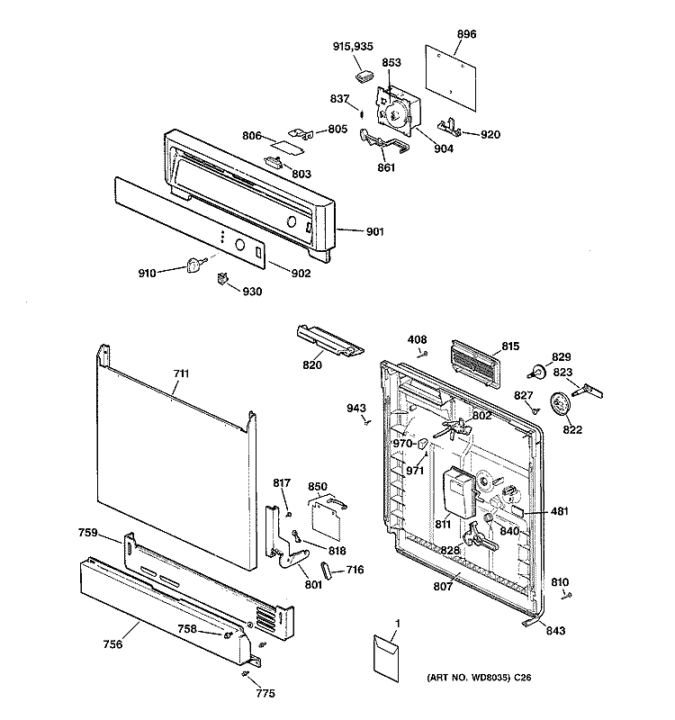 ESCUTCHEON & DOOR ASSEMBLY Diagram and Parts List for GSD2000Z04AD  General Electric Dishwasher