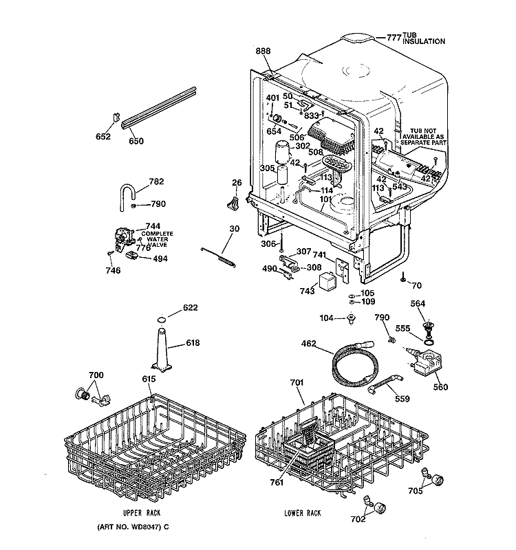 BODY PARTS Diagram and Parts List for GSD3830Z04WW  General Electric Dishwasher