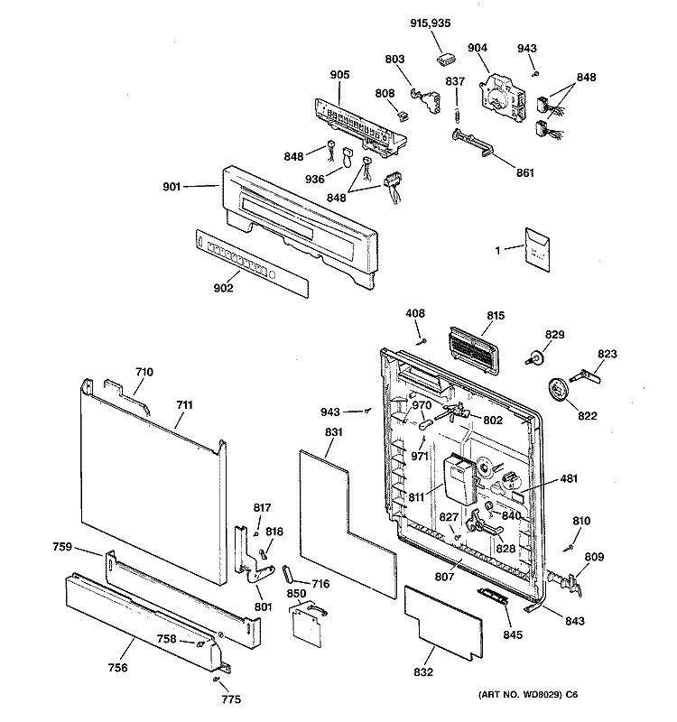 ESCUTCHEON & DOOR ASSEMBLY Diagram and Parts List for GSD4020Z04BB  General Electric Dishwasher