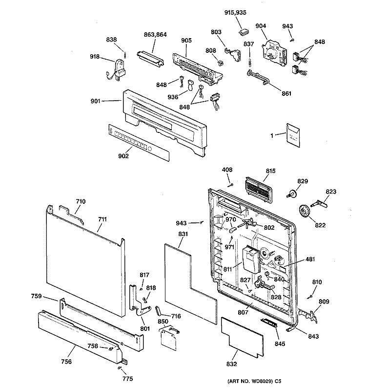 ESCUTCHEON & DOOR ASSEMBLY Diagram and Parts List for GSD4124Z04BB  General Electric Dishwasher