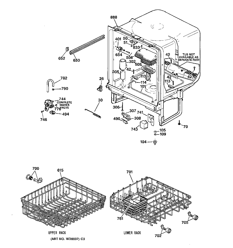 BODY PARTS Diagram and Parts List for GSM2100Z04AD  General Electric Dishwasher