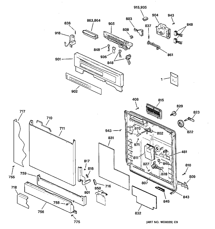 ESCUTCHEON & DOOR ASSEMBLY Diagram and Parts List for GSD4910Z04AA  General Electric Dishwasher