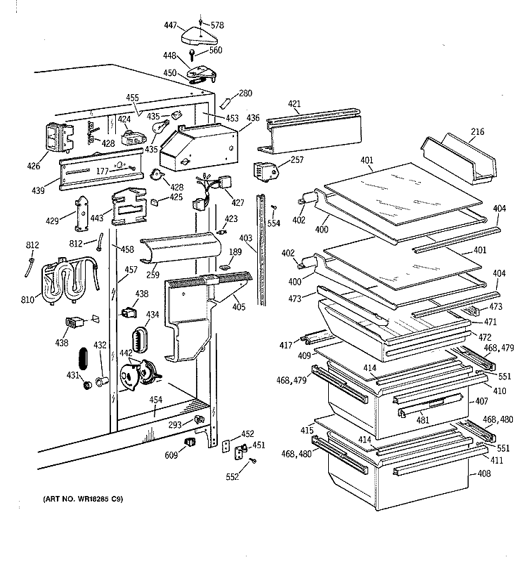 FRESH FOOD SECTION Diagram and Parts List for TFT25JWBBWW  General Electric Refrigerator