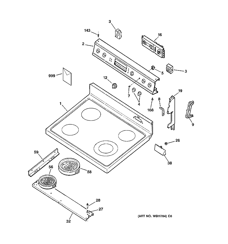 CONTROL PANEL & COOKTOP Diagram and Parts List for JBP60BB1WH  General Electric Range