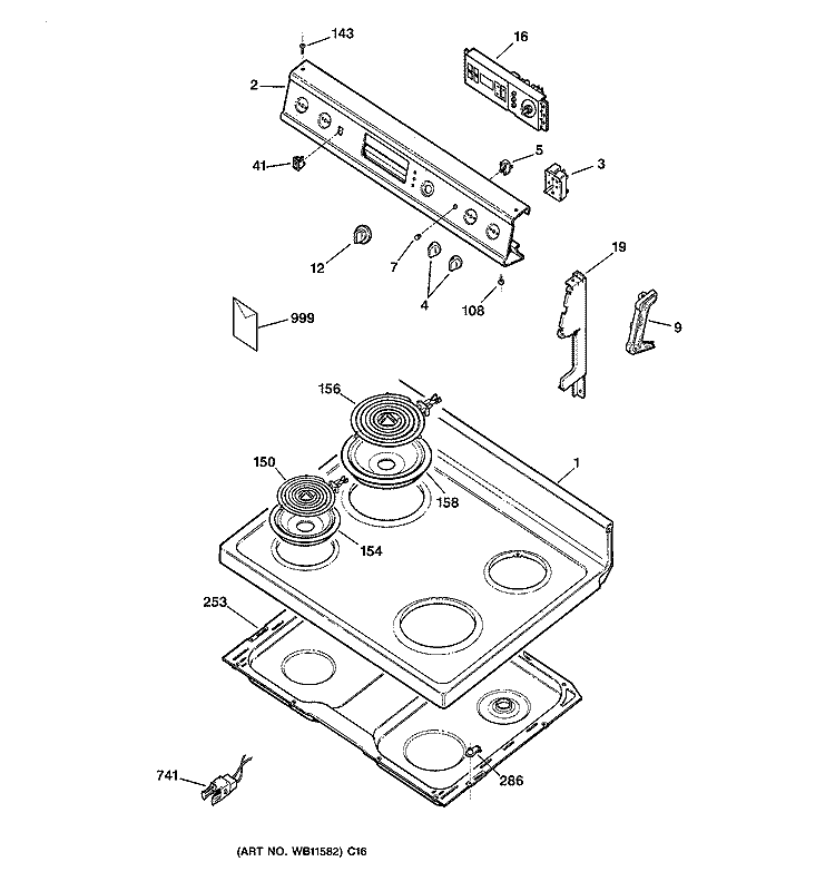 CONTROL PANEL & COOKTOP Diagram and Parts List for JBP19BB1  General Electric Range