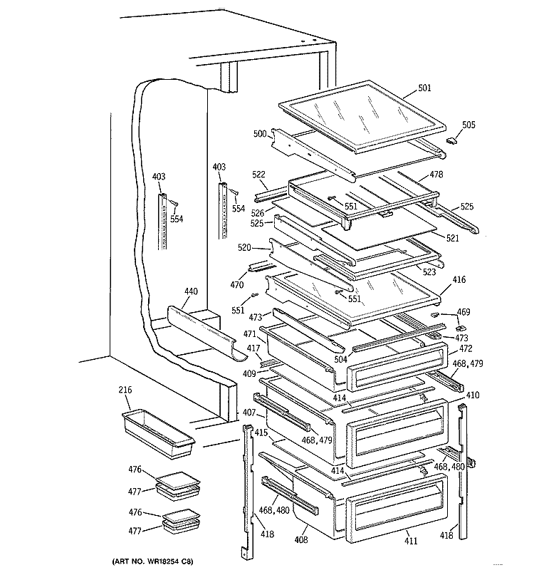 FRESH FOOD SHELVES Diagram and Parts List for TFJ28PFBBWW  General Electric Refrigerator