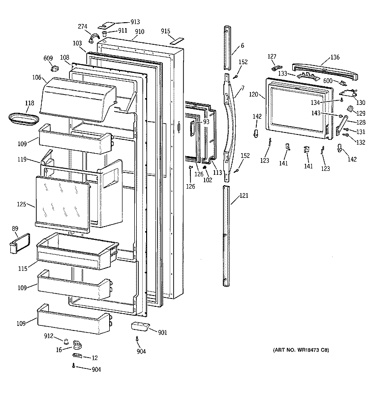FRESH FOOD DOOR Diagram and Parts List for TFK28ZFBBAA  General Electric Refrigerator