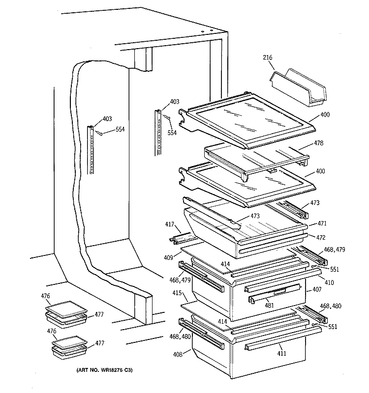 FRESH FOOD SHELVES Diagram and Parts List for TFK28ZFBBAA  General Electric Refrigerator