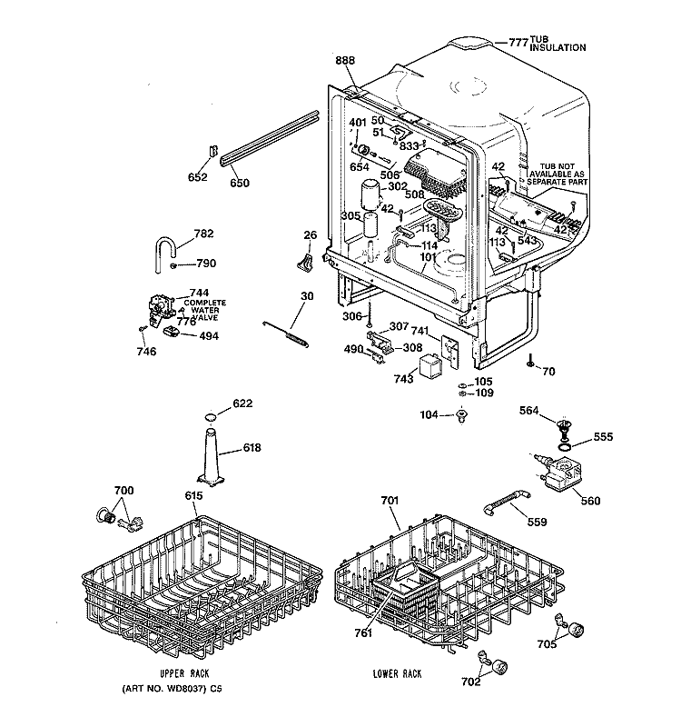 BODY PARTS Diagram and Parts List for GSD3310C04AA  General Electric Dishwasher