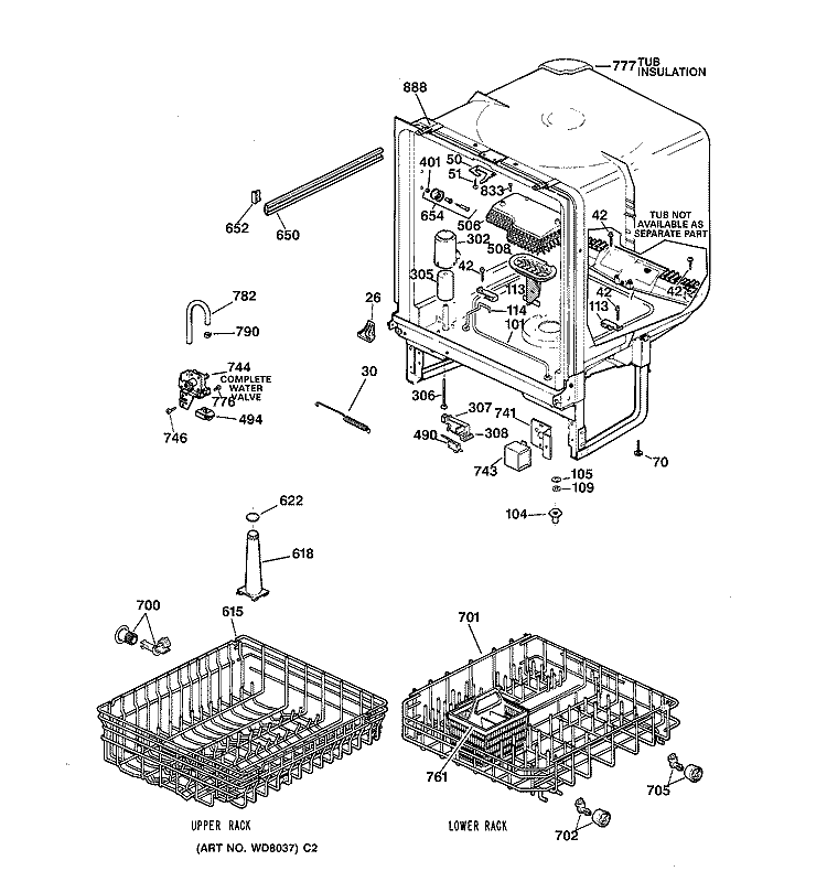 BODY PARTS Diagram and Parts List for GSD3130C04WW  General Electric Dishwasher