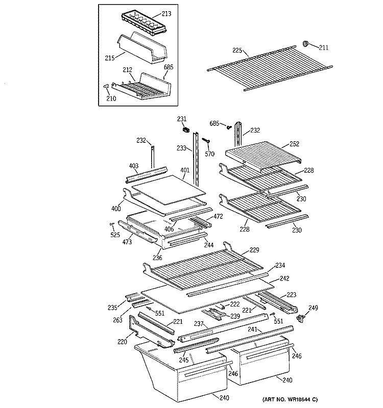 SHELVES Diagram and Parts List for TBX21DACARAA  General Electric Refrigerator
