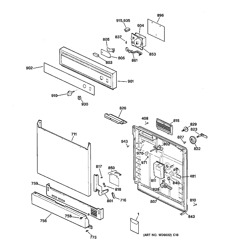 ESCUTCHEON & DOOR ASSEMBLY Diagram and Parts List for HDA2020Z04BB  Hotpoint Dishwasher