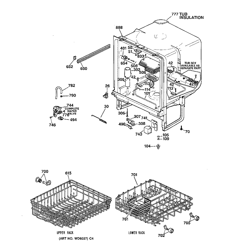 BODY PARTS Diagram and Parts List for HDA2220Z04BB  Hotpoint Dishwasher