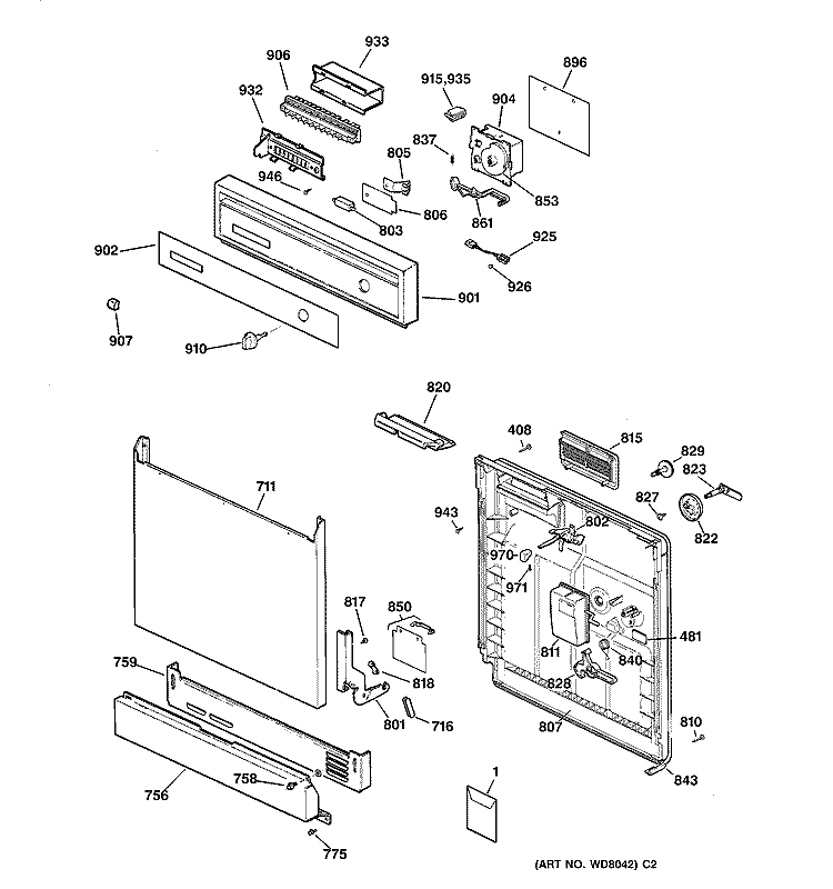 ESCUTCHEON & DOOR ASSEMBLY Diagram and Parts List for HDA3420Z04BB  Hotpoint Dishwasher