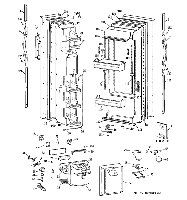 DOORS Diagram and Parts List for MSG25GRBBWW  General Electric Refrigerator