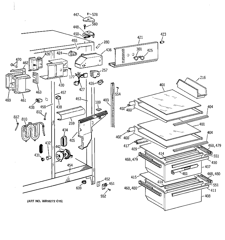 FRESH FOOD SECTION Diagram and Parts List for MSG25GRBBWW  General Electric Refrigerator