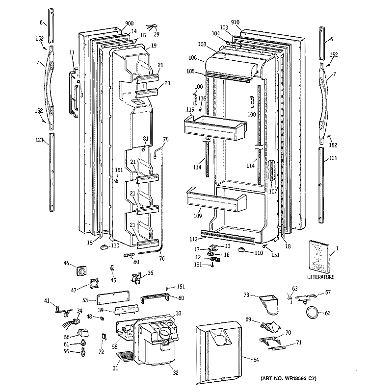 DOORS Diagram and Parts List for MST25GRBBWW  General Electric Refrigerator
