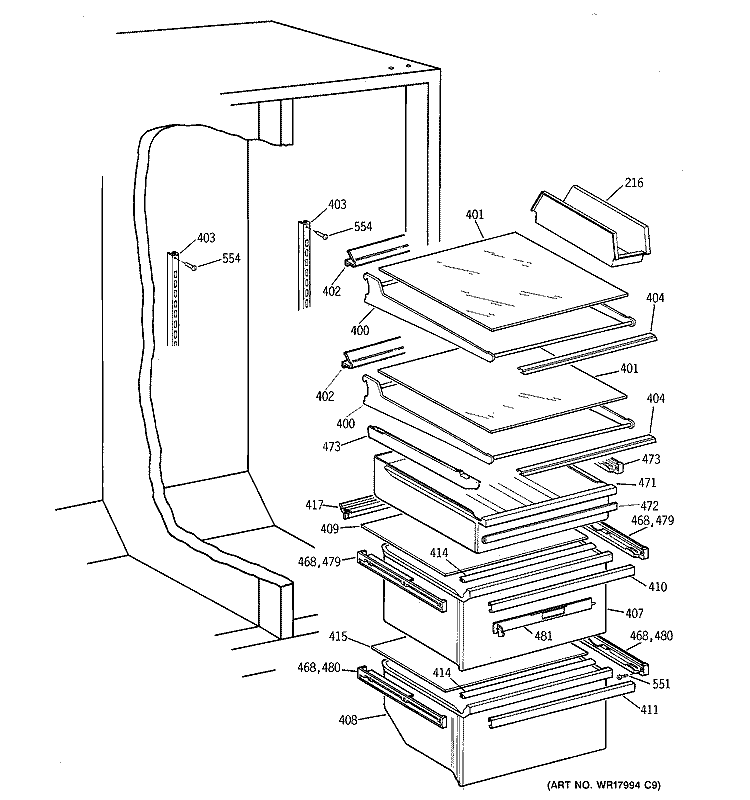 SHELF PARTS Diagram and Parts List for MSG28DHBBWW  General Electric Refrigerator
