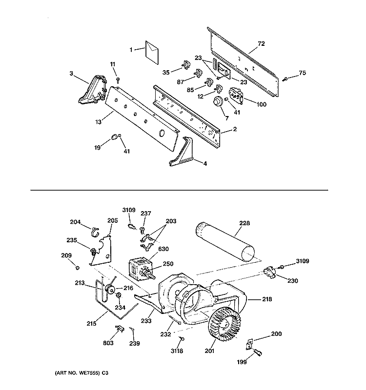 BACKSPLASH, BLOWER & MOTOR Diagram and Parts List for DPXR475GW0AA  General Electric Dryer