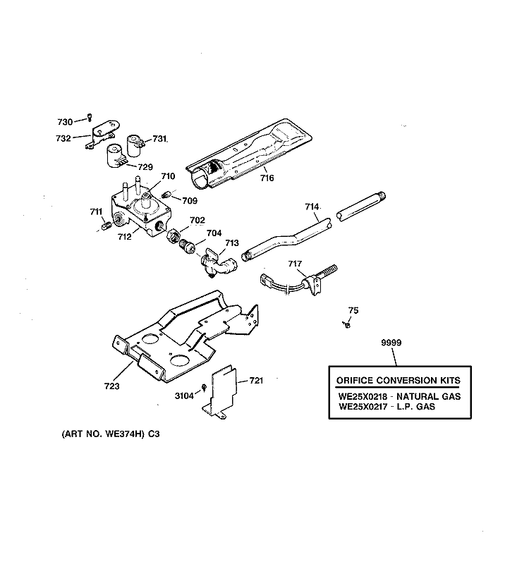 GAS VALVE & BURNER ASSEMBLY Diagram and Parts List for DPXR475GW0AA  General Electric Dryer