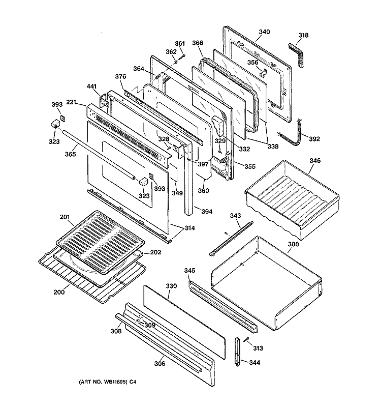 DOOR & DRAWER PARTS Diagram and Parts List for JGBP90MEA2BC  General Electric Range
