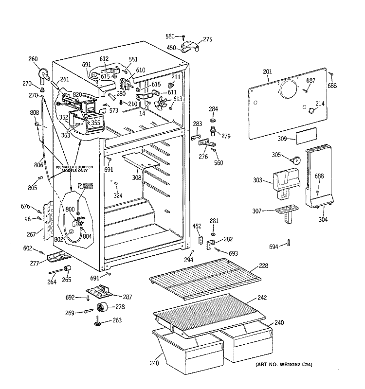 CABINET Diagram and Parts List for TBX14SIBJLWW  General Electric Refrigerator