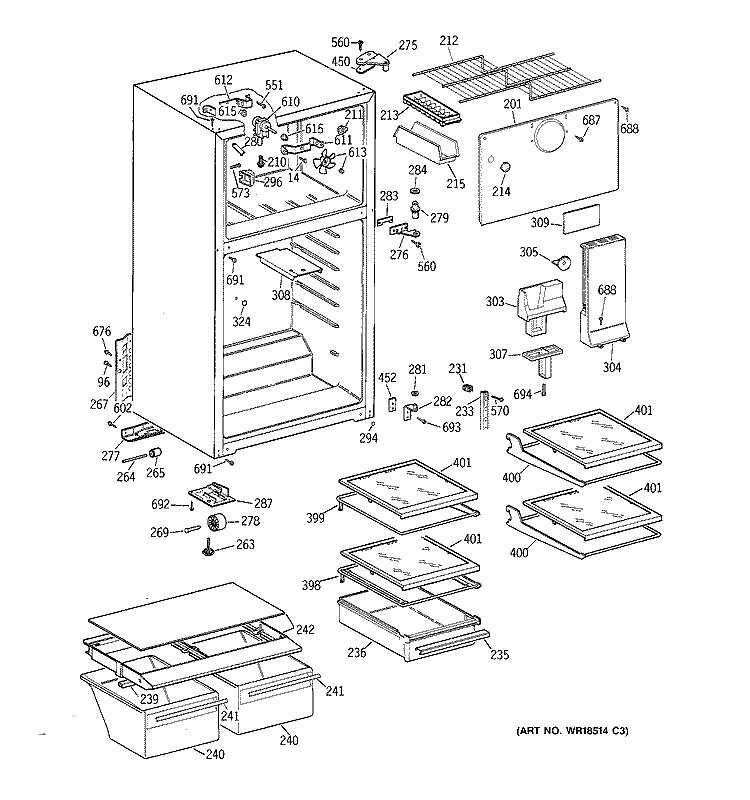 CABINET Diagram and Parts List for TBX16JABJRAA  General Electric Refrigerator