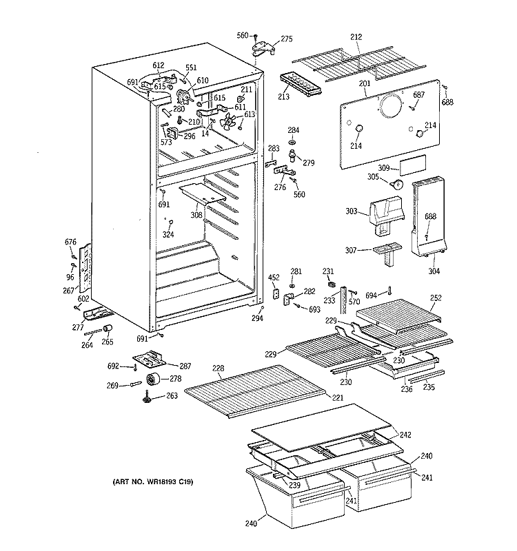 CABINET Diagram and Parts List for TBT18TABJRAA  General Electric Refrigerator