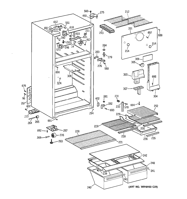 CABINET Diagram and Parts List for TBT14DABKRAA  General Electric Refrigerator