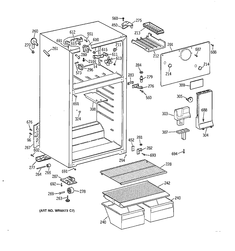 CABINET Diagram and Parts List for TBT14SABKRWW  General Electric Refrigerator