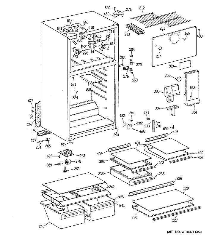 CABINET Diagram and Parts List for TBT16NABKRWW  General Electric Refrigerator
