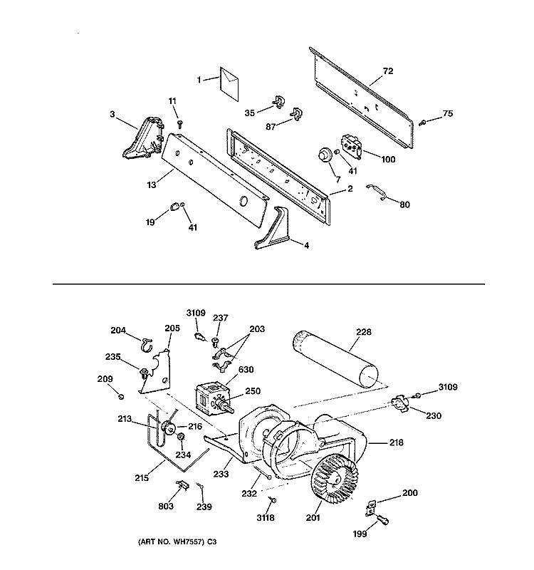 BACKSPLASH, BLOWER & DRIVE ASSEMBLY Diagram and Parts List for DCXR453EV0AA  General Electric Dryer