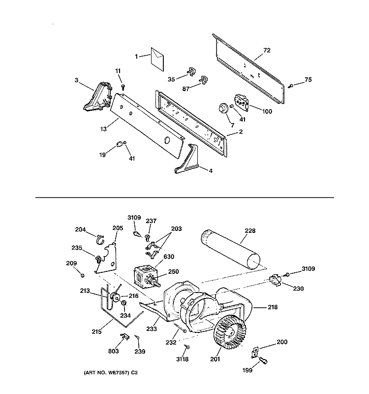 BACKSPLASH, BLOWER & DRIVE ASSEMBLY Diagram and Parts List for DCXR453GV0AA  General Electric Dryer