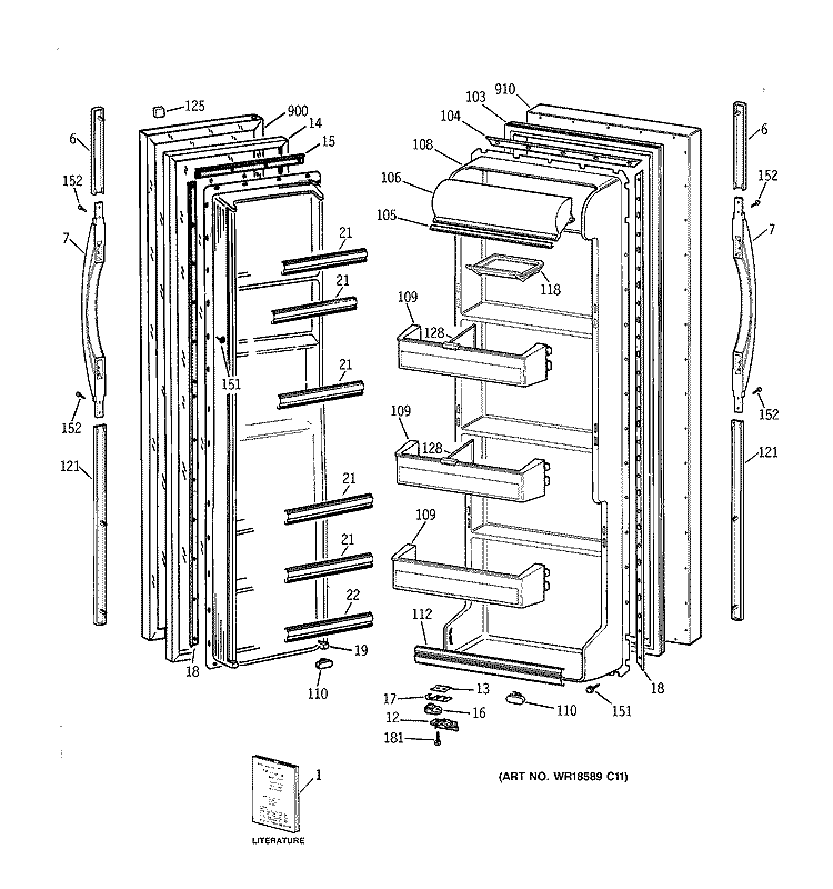 DOORS Diagram and Parts List for TFZ20JABCWW  General Electric Refrigerator