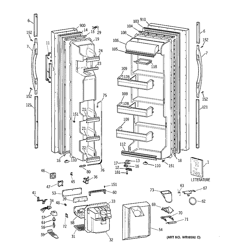 DOORS Diagram and Parts List for TFG20JRBCWW  General Electric Refrigerator