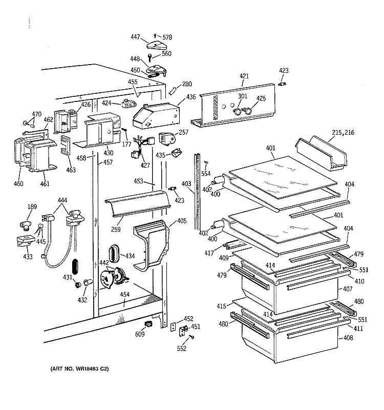 FRESH FOOD SECTION Diagram and Parts List for TFJ20JABCAA  General Electric Refrigerator