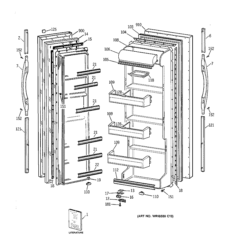 DOORS Diagram and Parts List for TFK20JABCAA  General Electric Refrigerator