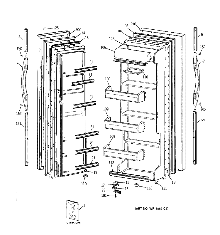 DOORS Diagram and Parts List for TFT20SABCWW  General Electric Refrigerator