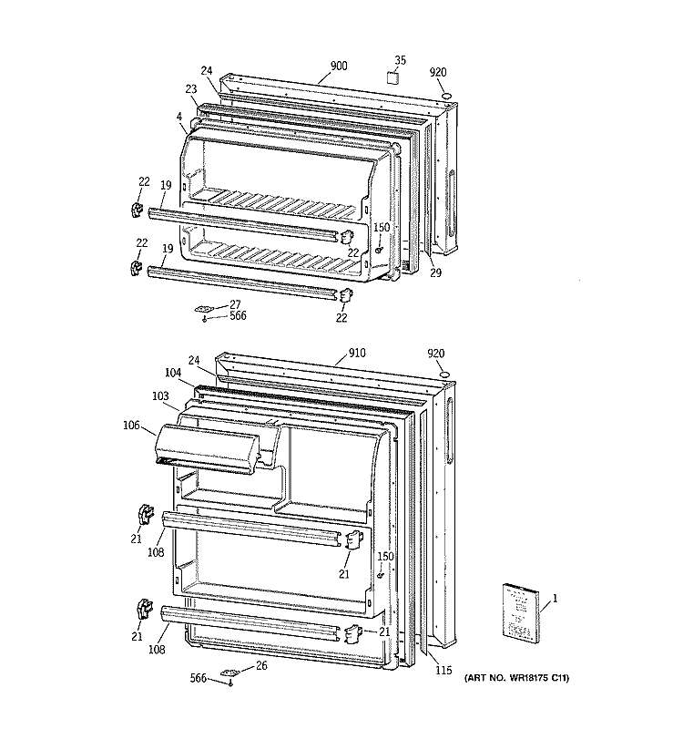 DOORS Diagram and Parts List for TBX16SYBMRAA  General Electric Refrigerator