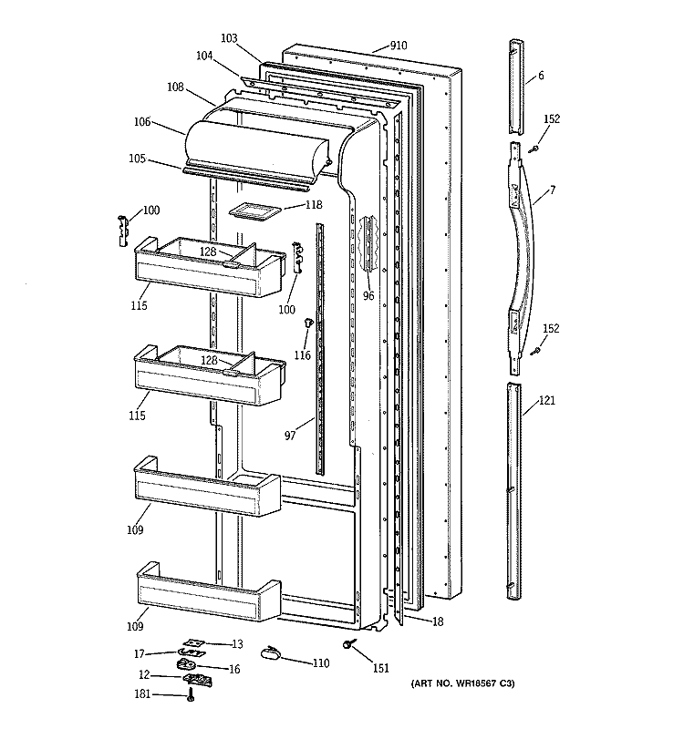 FRESH FOOD DOOR Diagram and Parts List for TPG21JRBCBB  General Electric Refrigerator