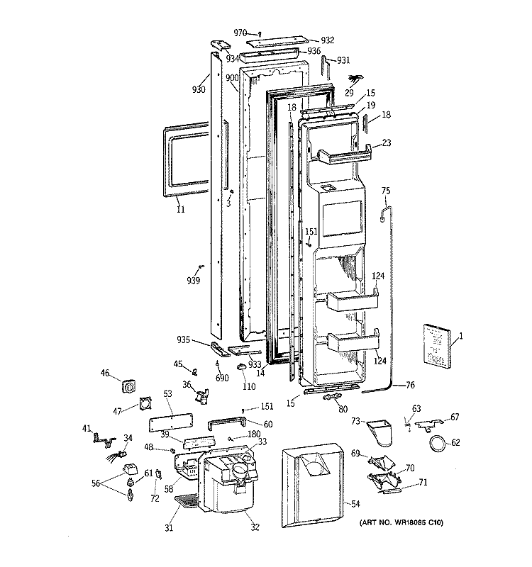 FREEZER DOOR Diagram and Parts List for TPX21BRBCBB  General Electric Refrigerator