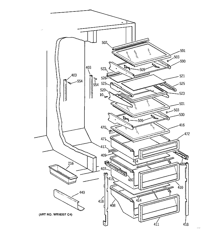 FRESH FOOD SHELVES Diagram and Parts List for TPX21PRBCAA  General Electric Refrigerator