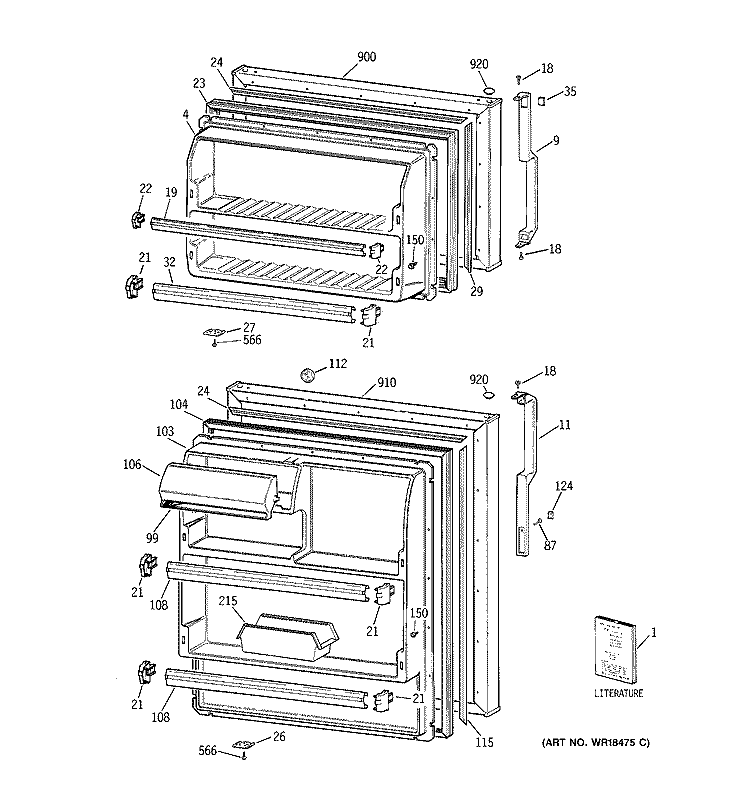 DOORS Diagram and Parts List for TBG14DACCRWW  General Electric Refrigerator