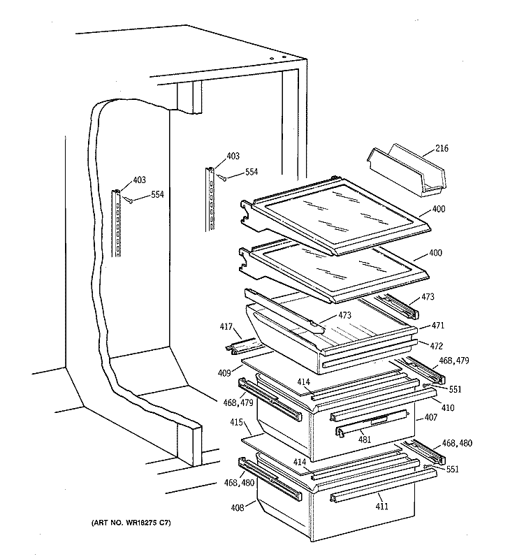 FRESH FOOD SECTION Diagram and Parts List for TFX22ARBCWW  General Electric Refrigerator
