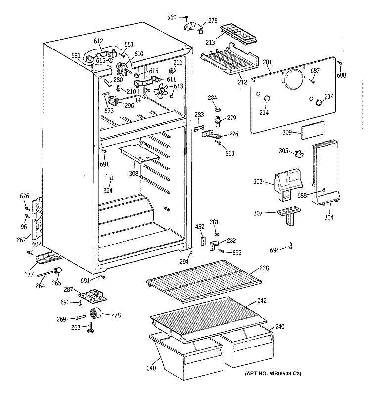CABINET Diagram and Parts List for TBX16SABMRAA  General Electric Refrigerator