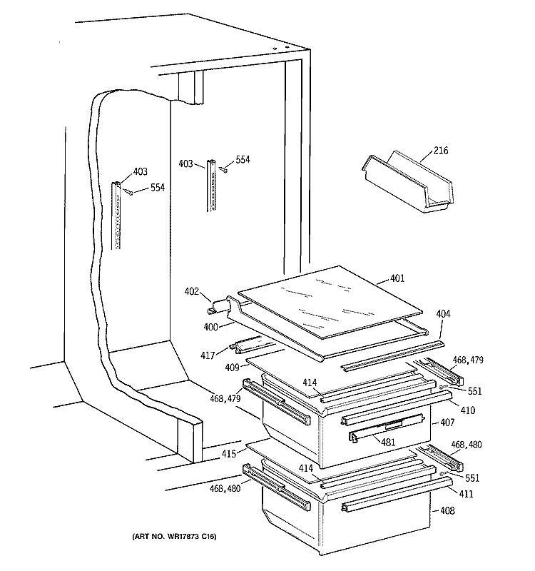 FRESH FOOD SECTION Diagram and Parts List for TFX22JABCAA  General Electric Refrigerator