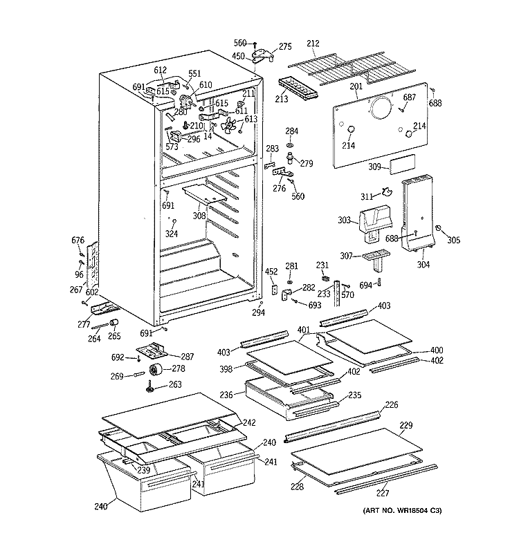 CABINET Diagram and Parts List for TBG16NACCRWW  General Electric Refrigerator