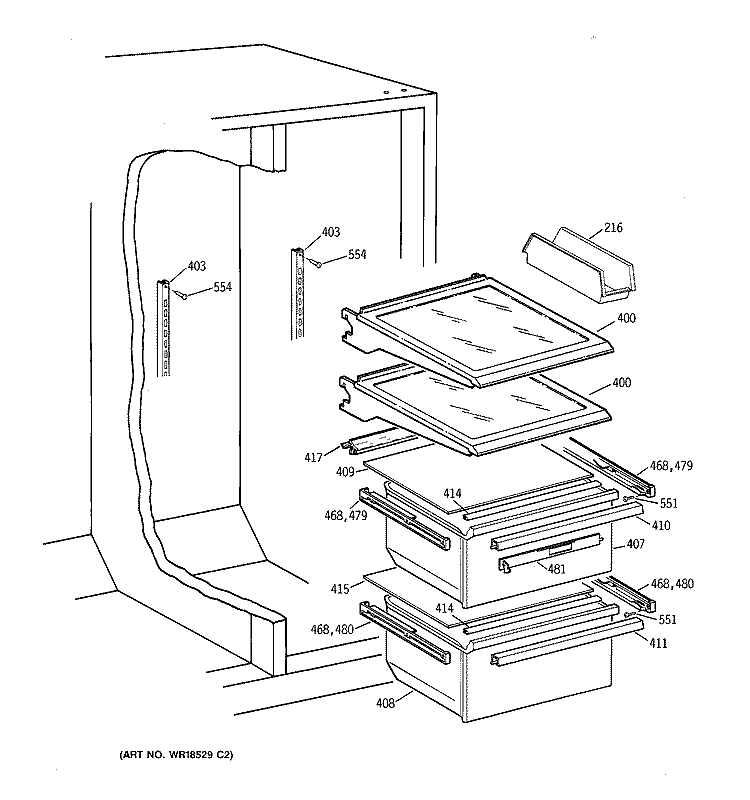 FRESH FOOD SECTION Diagram and Parts List for TFX22KRCBWW  General Electric Refrigerator